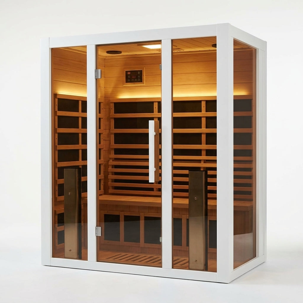 2 Person Extendable FAR Infrared Sauna for Home, Hemlock Wood Low EMF 6 Carbon Heaters Indoor Saunas with LED Lights, Bluetooth Speaker, Digital Control Panel, and Seating Bench — Studio Shot