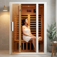 2 Person Extendable FAR Infrared Sauna for Home, Hemlock Wood Low EMF 6 Carbon Heaters Indoor Saunas with LED Lights, Bluetooth Speaker, Digital Control Panel, and Seating Bench — Lifestyle